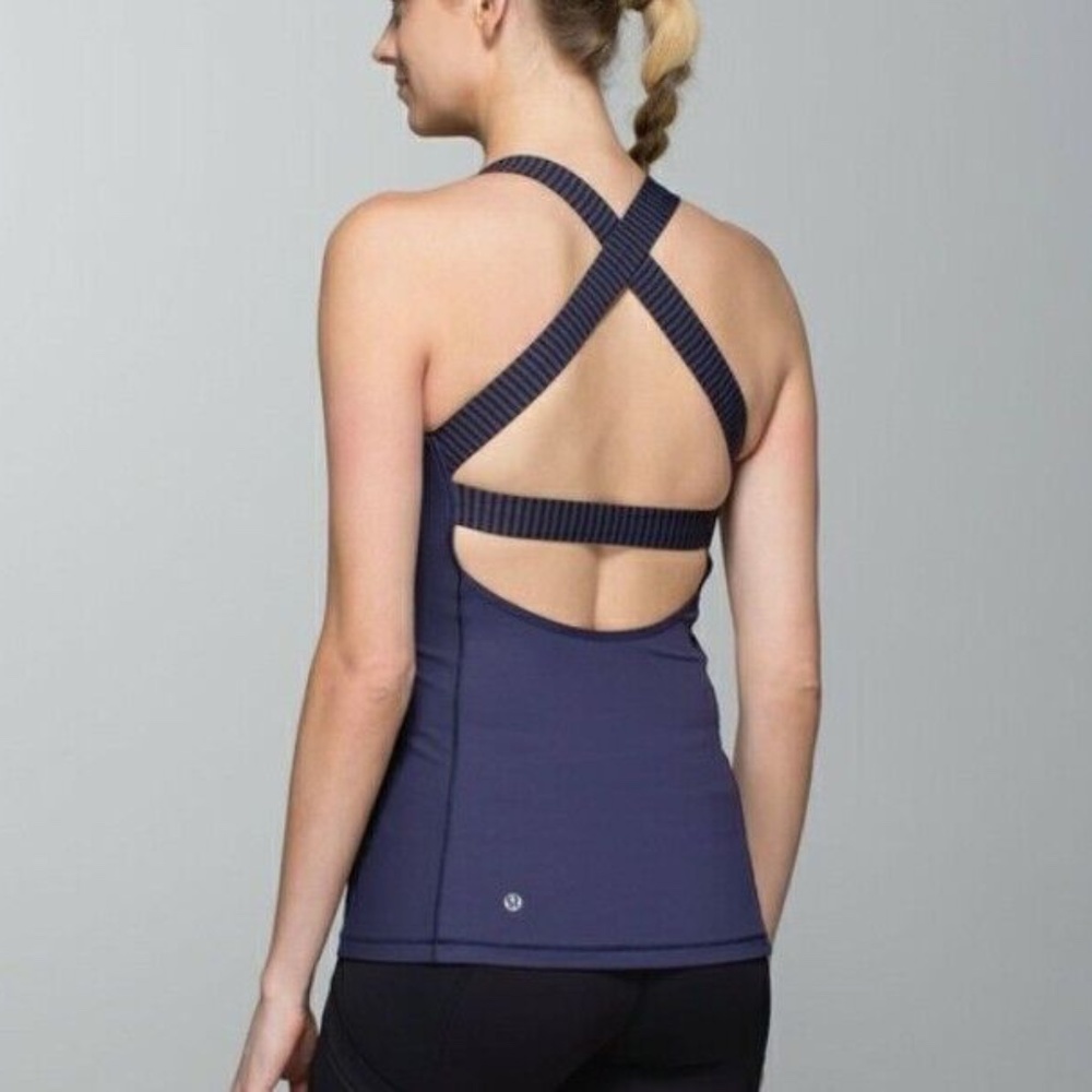 RARE STYLE Lululemon Core Kicker Tank Criss Cross Strap Stripe Cadet Blue Purple